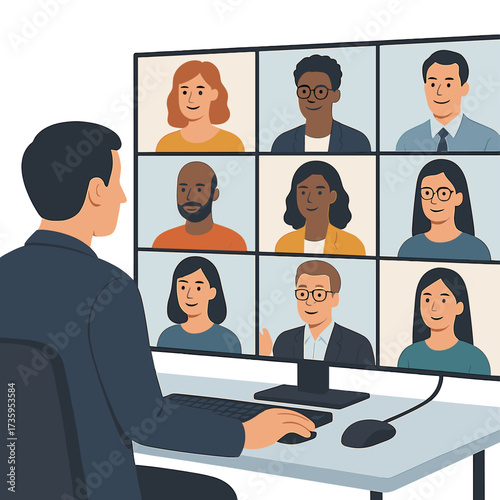 A man monitors multiple video screens during a remote team conference, a business meeting that showcases modern technology, digital workplace, online collaboration, and global connectivity