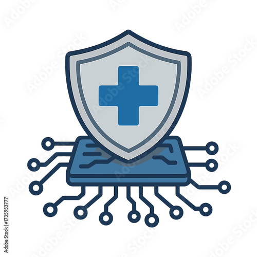 A metal shield bearing a blue cross at its center sits on a circuit board, representing data security, healthcare protection, cyber security, medical privacy, and patient confidentiality