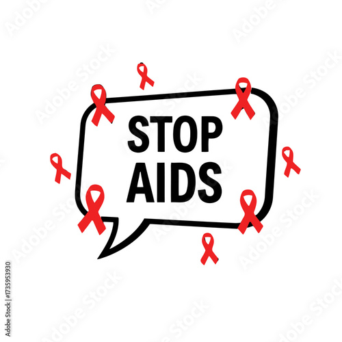 Speech bubble with text stop aids and red ribbon symbols