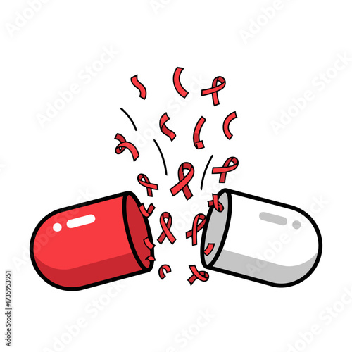 Open capsule with red ribbons falling out, representing medication, treatment, or relief from illness