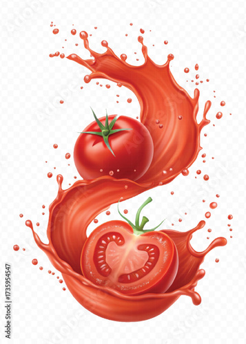 realistic 3d red tomato juice or ketchup sauce splashes in different style isolated on transparent background