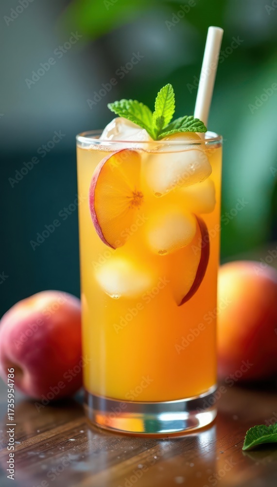 Fototapeta premium Refreshing iced peach tea with mint, close-up , peach tea, fruity