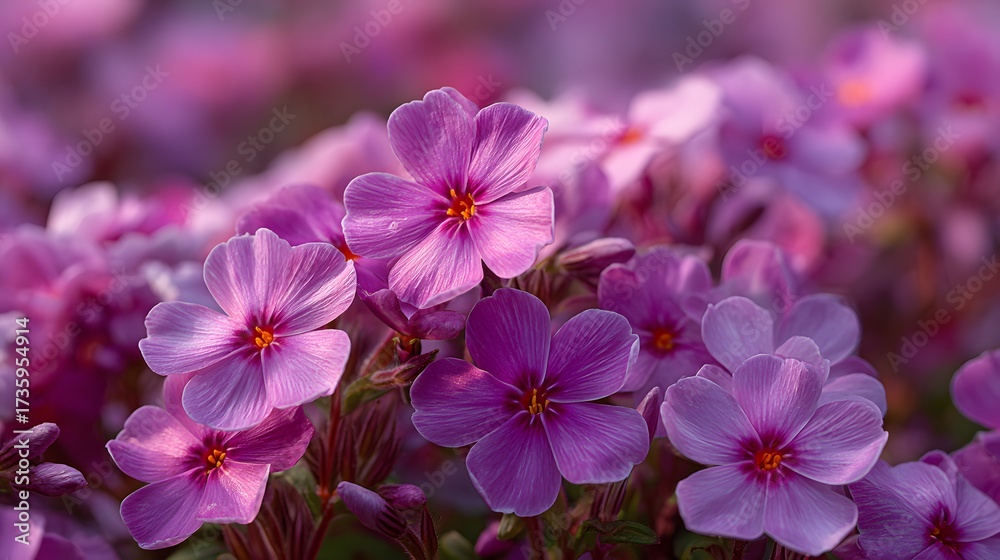 Obraz premium Detailed macro photography of a vibrant, dense patch of bright pink creeping phlox flowers. They are blooming in a spring garden, creating beautiful natural ground cover.