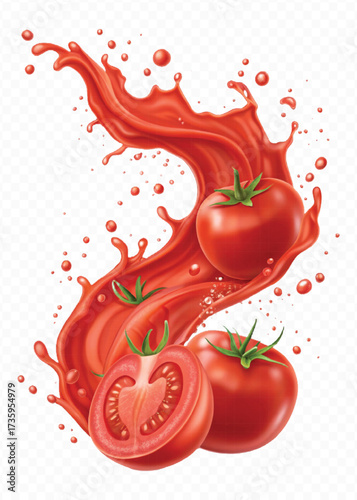 realistic 3d red tomato juice or ketchup sauce splashes in different style isolated on transparent background