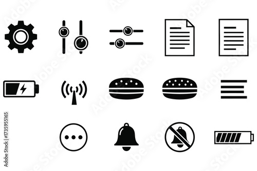 Vector art of set of user interface icons collection of symbols for settings, battery, wifi, food, menu, and notifications for mobile app and web design