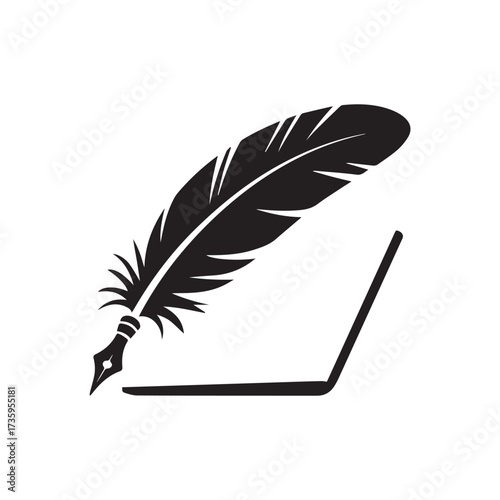 Vector art of feather quill pen on laptop represents digital writing and blogging in the modern era of technology