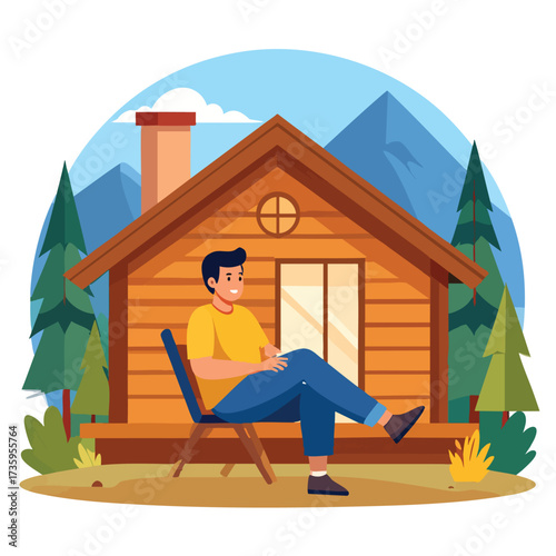 A man sits in front of a wooden cabin in a mountainous landscape, enjoying the outdoors.