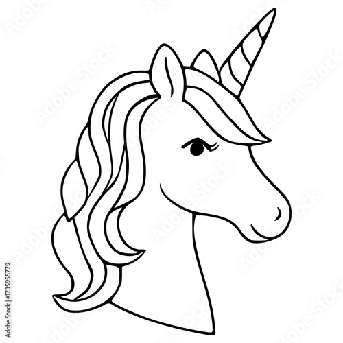 Stylized vector illustration of a unicorn head with flowing mane and spiral horn, presented in a clean, minimalist outline style on a white background.