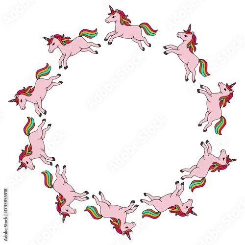 Whimsical vector frame of playful pink unicorns with rainbow manes and tails in dynamic poses, creating a magical circular composition.