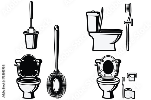 Vector art of toilet accessories vector illustration set of toilet bowl, brush, paper, and toothbrush in modern flat design bathroom equipment concept
