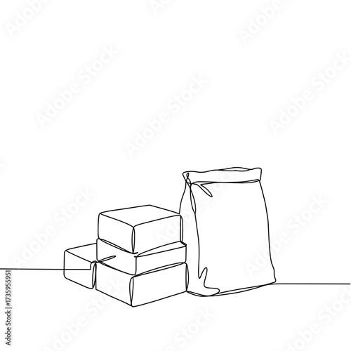 Line art illustration of brick and cement bags on a flat surface  
