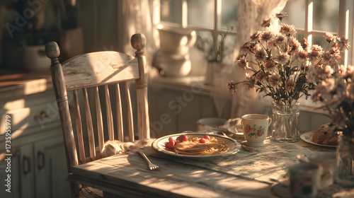 Cozy Rustic Kitchen with Pancakes and Flowers in Warm Morning Light