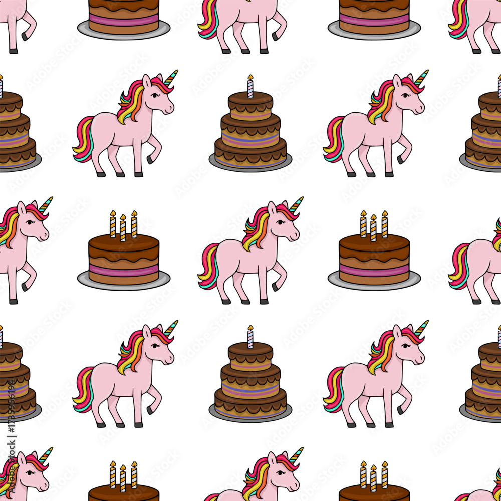 Obraz premium Whimsical vector seamless pattern featuring pink unicorns with rainbow manes and tails alongside tiered chocolate birthday cakes adorned with candles.