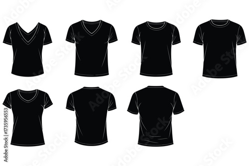 Vector art of collection of black tshirts with different necklines, including vneck and crew neck, showcasing front and back views