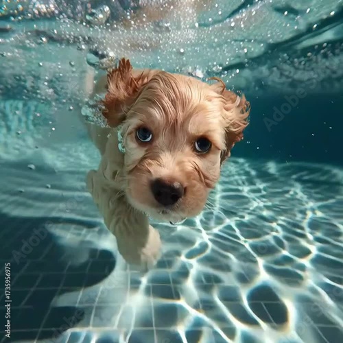 Cute Puppy Swimming Underwater with Bubbles