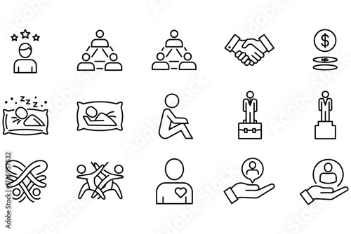 Vector art of set of business and management icons contains such icons as leader, teamwork, handshake, money, sleep, success, and relationship vector illustration