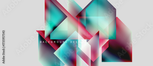 Abstract geometric shapes overlap, creating vibrant color gradients. Modern design with translucent layers, pinks, blues dominate.