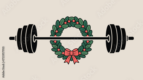 A barbell with weights and a christmas wreath on the bar against a light beige background image art