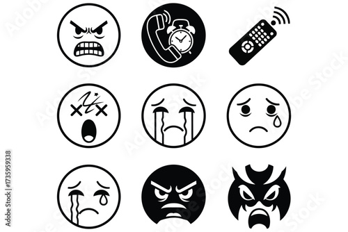 Vector art of set of black and white emoticon icons expressing various negative emotions like anger, sadness, and frustration, perfect for conveying feelings in digital communication