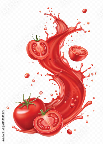 realistic 3d red tomato juice or ketchup sauce splashes in different style isolated on transparent background