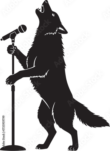 Singing wolf howling into a microphone, rock star performer vector silhouette.