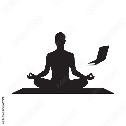 Vector art of silhouette of a person meditating with a laptop floating nearby, concept of work life balance and wellness