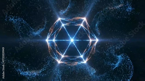 dynamic digital particles forming geometric hexagon shapes