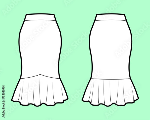 Shaped Yoke Mermaid Skirt with Gathered Flounce Hem Technical Flat Sketch