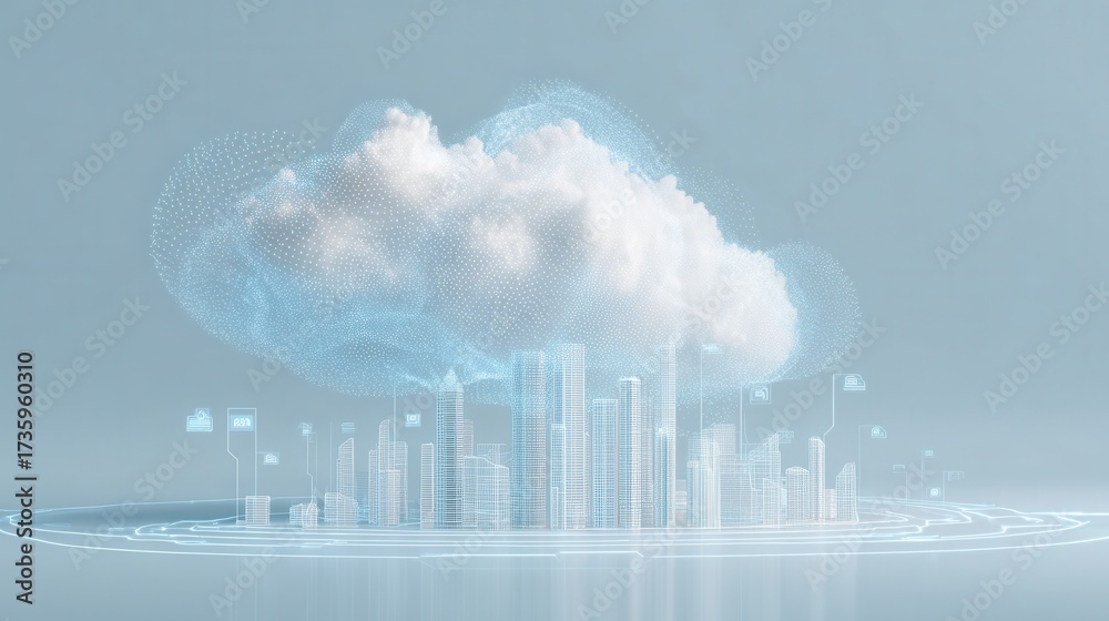 Fototapeta premium Abstract digital cloud computing network over a futuristic city skyline