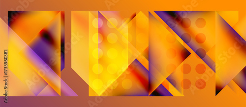 Abstract geometric composition. Orange, yellow, purple hues dominate. Shapes overlap, creating dynamic visual rhythm. Modern design.