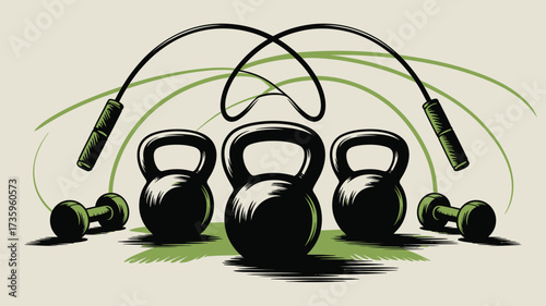 A fitness scene with kettlebells dumbbells and a jump rope arranged on a light colored background