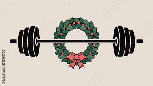 A barbell with weights and a christmas wreath on the bar against a light beige background image art