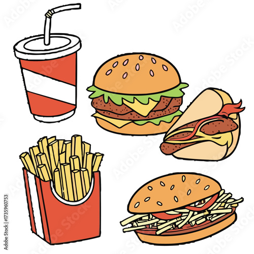 Illustration of fast food items including a burger, fries, soda, and sandwich, arranged in a visually appealing composition, isolated on white background the food is colorful and inviting