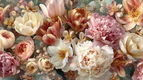 Elegant flower background, high-resolution composition with blooming roses, peonies, tulips, and orchids, soft pastel colors with golden highlights, seamless design suitable for advertising, website.