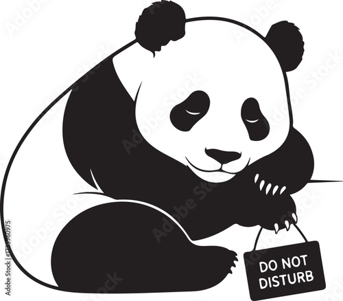 Cute sleeping panda holding a "Do Not Disturb" sign, funny black and white vector illustration.