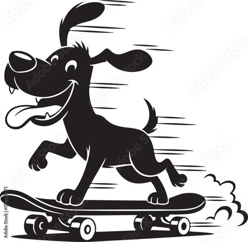 Funny cartoon dog skateboarding at high speed, black and white vector illustration.