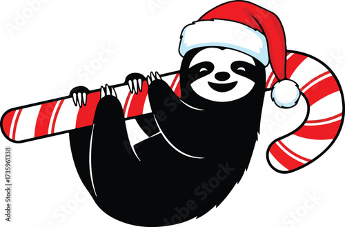 Cute cartoon sloth with a Santa hat hanging on a giant candy cane, Christmas holiday vector illustration.