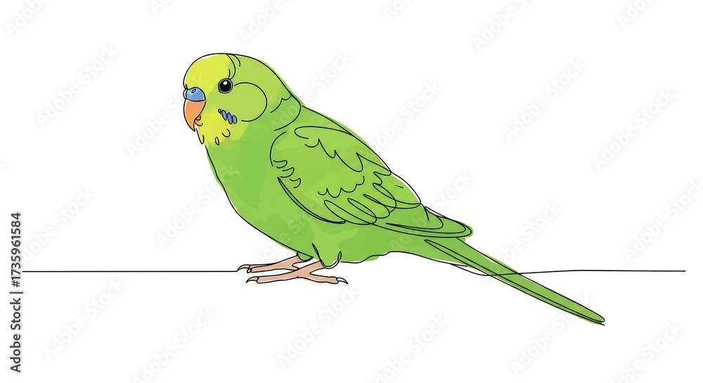 Fototapeta premium Green budgerigar perched on a line against white background