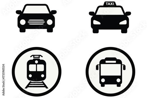Vector art of transportation icons set, featuring car, taxi, train, and bus symbols, ideal for travel, city navigation, and public transit designs