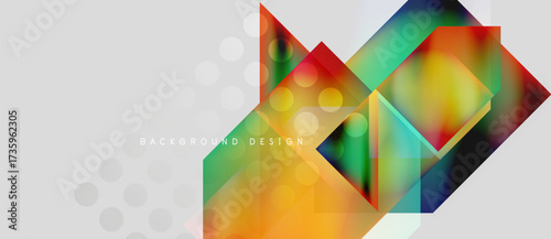Abstract geometric shapes overlap, creating vibrant color gradients. Design features translucent squares, rectangles, triangles. Minimalist style with subtle gray dots.