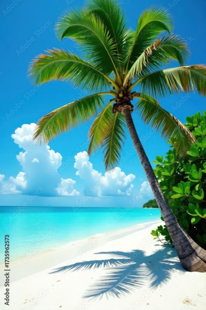 Obraz premium Mature coconut tree, white sand, turquoise Bintan waters, flora, turquoise