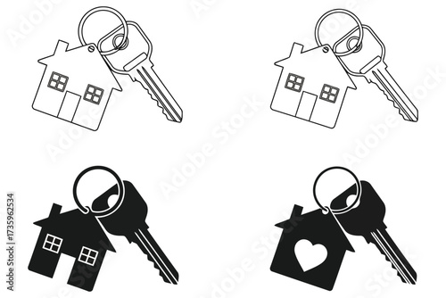 Vector art of keys to a new house a set of vector illustrations depicting keys with houseshaped keychains, symbolizing homeownership and real estate