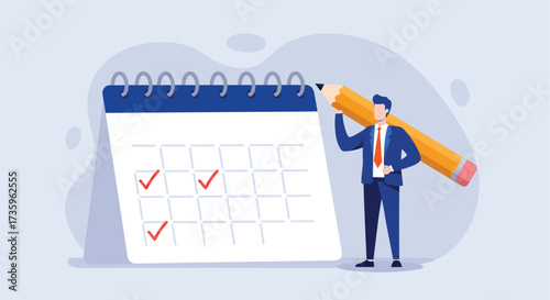 Businessman marking a calendar with a pencil vector illustration for planning and scheduling isolated on white background