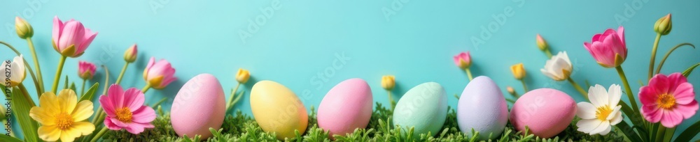Fototapeta premium Pastel eggs nestled in vibrant spring blooms against a serene blue backdrop , blue, pastel, chick
