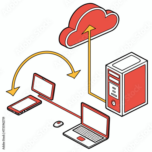 Isometric illustration of cloud computing with various devices connected
