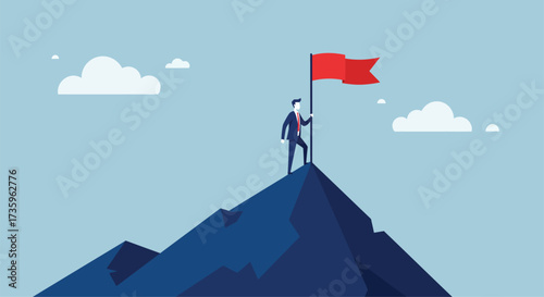 Man planting a red flag on a mountain peak vector illustration for business success leadership and achievement concepts