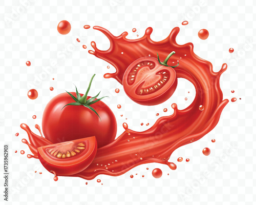 realistic 3d red tomato juice or ketchup sauce splashes in different style isolated on transparent background