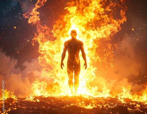 A man stands confidently in front of a roaring fire, his silhouette illuminated by the warm glow, surrounded by a dark, starry night sky.