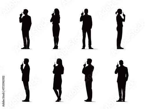 A collection of silhouettes shows both men and women in business attire, each making a gesture of silence by placing a finger to their lips.