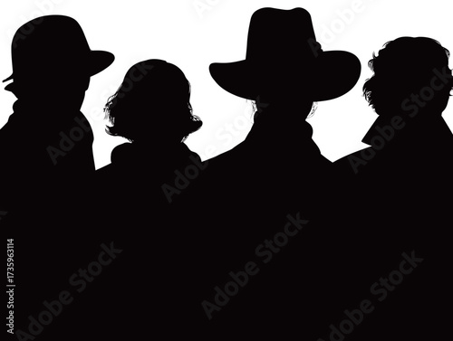 Four distinct silhouettes stand closely together, each wearing a different style of hat. The scene captures an intriguing moment with a stark white backdrop.